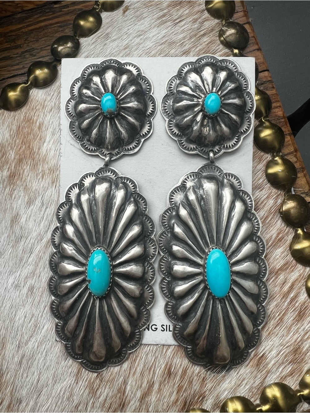 Rita Lee Turquoise Oval Concho Drop Earrings